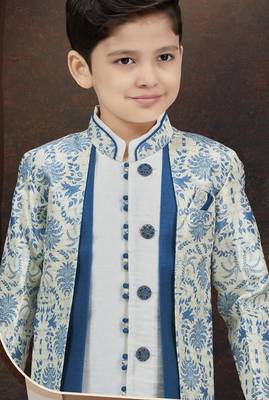 White jackard & banarasi silk indo western with silk dupion dhoti for kids 2