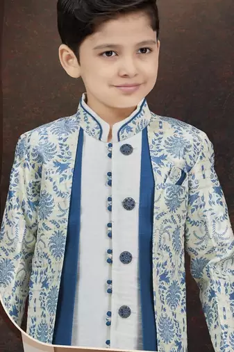 White jackard & banarasi silk indo western with silk dupion dhoti for kids