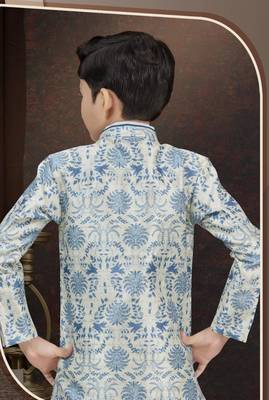 White jackard & banarasi silk indo western with silk dupion dhoti for kids 3