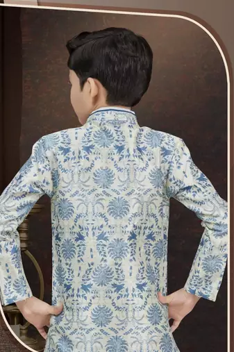 White jackard & banarasi silk indo western with silk dupion dhoti for kids