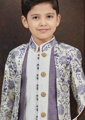 White jackard & banarasi silk indo western with silk dupion dhoti for kids 2
