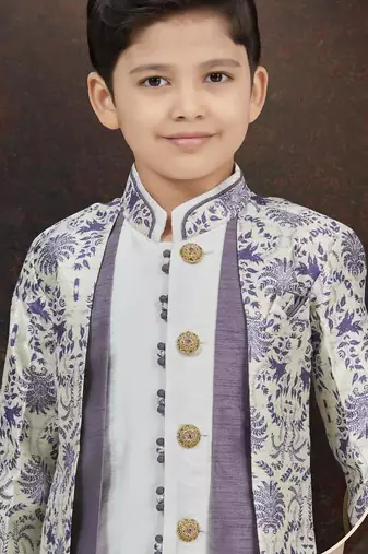 White jackard & banarasi silk indo western with silk dupion dhoti for kids