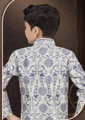 White jackard & banarasi silk indo western with silk dupion dhoti for kids 3