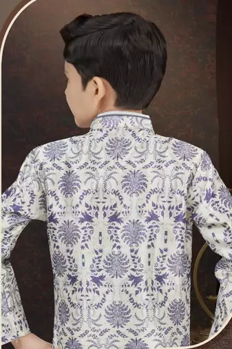 White jackard & banarasi silk indo western with silk dupion dhoti for kids