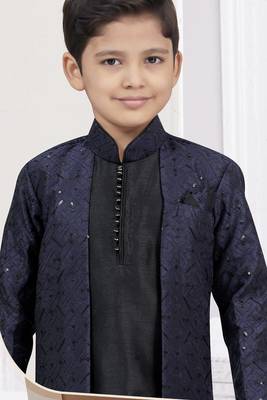 Black banarasi silk indo western with silk dupion pajama for kids 2