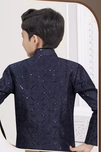 Black banarasi silk indo western with silk dupion pajama for kids