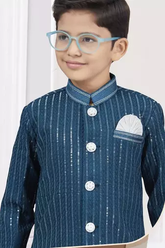 Blue imported silk sherwani with silk dupion dhoti for kids