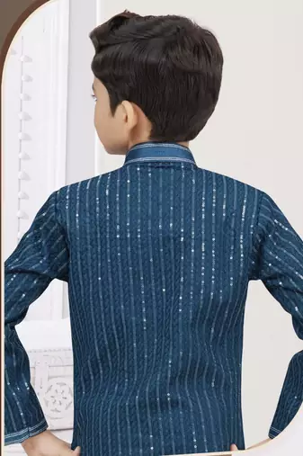 Blue imported silk sherwani with silk dupion dhoti for kids