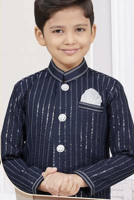 Blue imported silk sherwani with silk dupion dhoti for kids 2