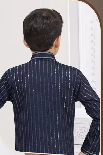 Blue imported silk sherwani with silk dupion dhoti for kids