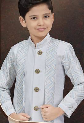 White power silk indo western with silk dupion dhoti for kids 2