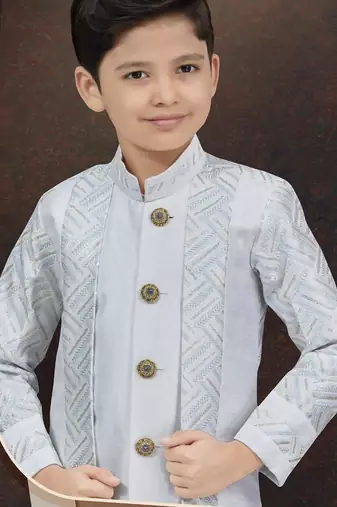 White power silk indo western with silk dupion dhoti for kids