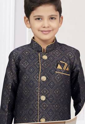 Blue zari jackard sherwani with silk dupion pajama for kids 1