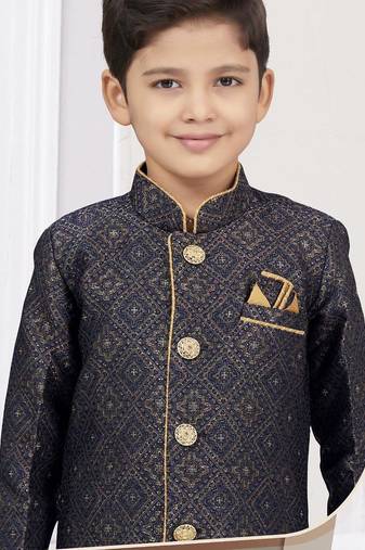 Blue zari jackard sherwani with silk dupion pajama for kids