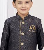 Blue zari jackard sherwani with silk dupion pajama for kids