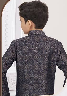 Blue zari jackard sherwani with silk dupion pajama for kids 3