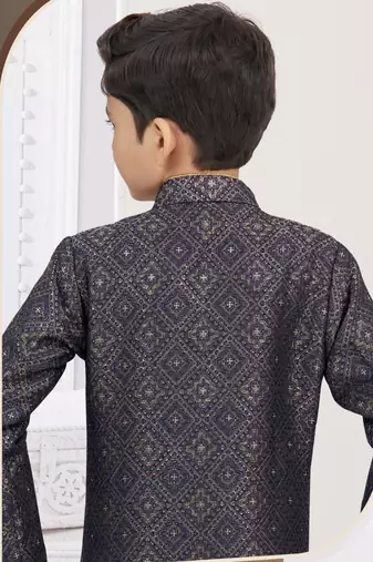 Blue zari jackard sherwani with silk dupion pajama for kids