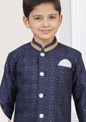 Blue champion silk sherwani with silk dupion pajama for kids 2