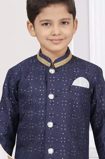 Blue champion silk sherwani with silk dupion pajama for kids