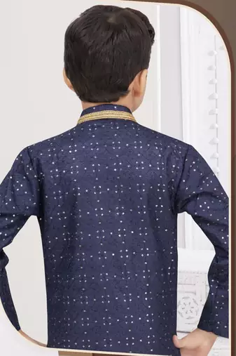 Blue champion silk sherwani with silk dupion pajama for kids