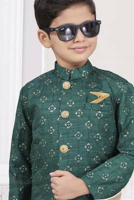 Green champion silk sherwani with silk dupion pajama for kids 2