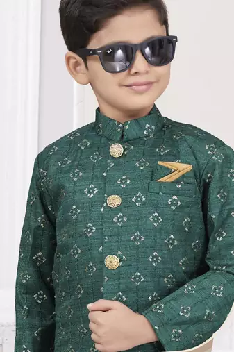 Green champion silk sherwani with silk dupion pajama for kids