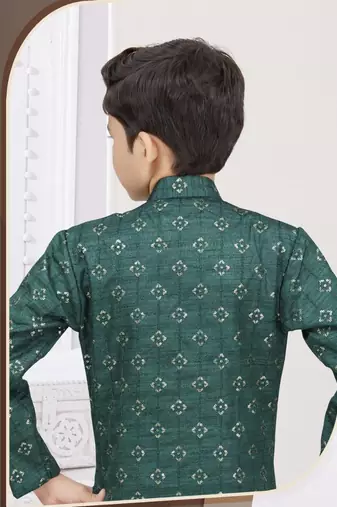 Green champion silk sherwani with silk dupion pajama for kids