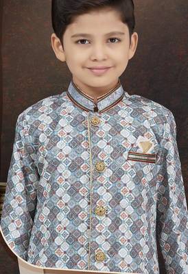 White jackard sherwani with silk dupion pajama for kids 2