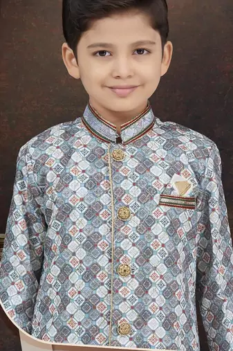 White jackard sherwani with silk dupion pajama for kids