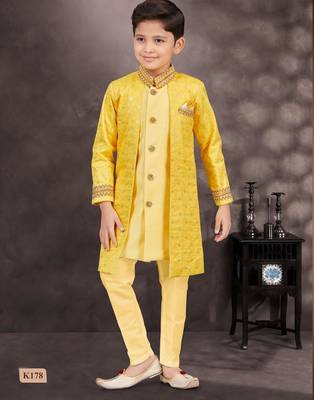 Yellow champion silk & banarasi silk indo western with silk dupion pajama for kids 1