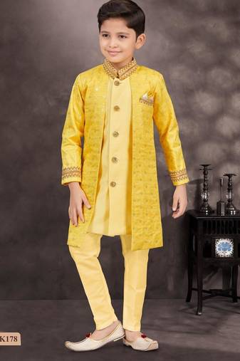 Yellow champion silk & banarasi silk indo western with silk dupion pajama for kids