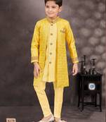 Yellow champion silk & banarasi silk indo western with silk dupion pajama for kids