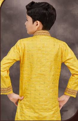 Yellow champion silk & banarasi silk indo western with silk dupion pajama for kids 2