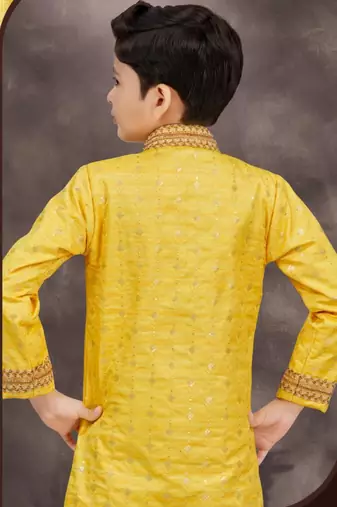 Yellow champion silk & banarasi silk indo western with silk dupion pajama for kids