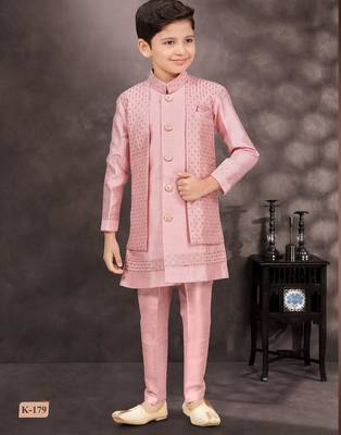 Pink banarasi silk indo western with silk dupion pajama for kids 1
