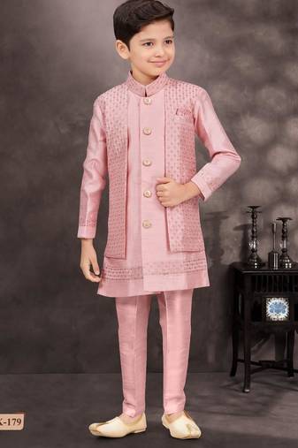 Pink banarasi silk indo western with silk dupion pajama for kids