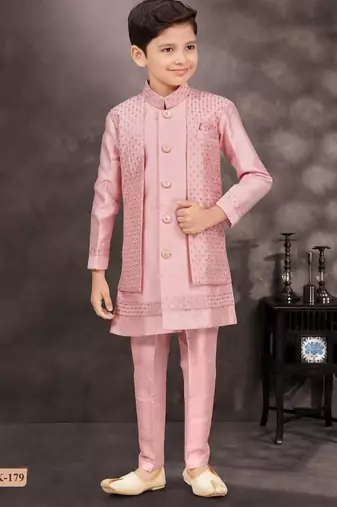 Pink banarasi silk indo western with silk dupion pajama for kids