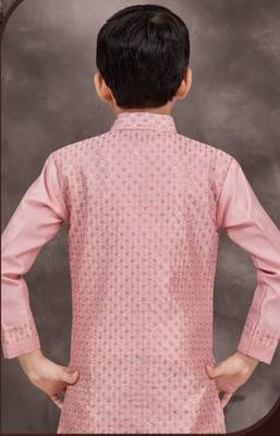 Pink banarasi silk indo western with silk dupion pajama for kids 2