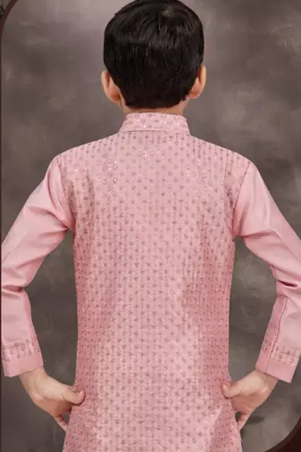 Pink banarasi silk indo western with silk dupion pajama for kids