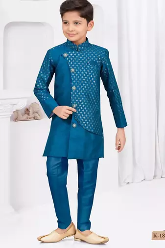 Blue banarasi silk sherwani with silk dupion pajama for kids