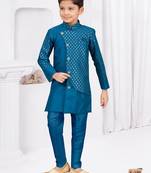 Blue banarasi silk sherwani with silk dupion pajama for kids