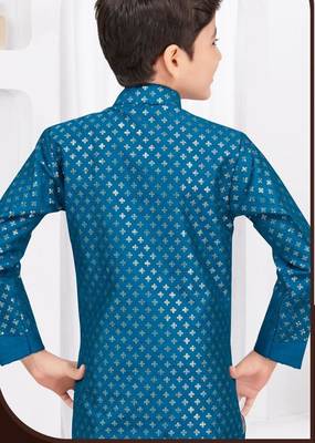 Blue banarasi silk sherwani with silk dupion pajama for kids 2