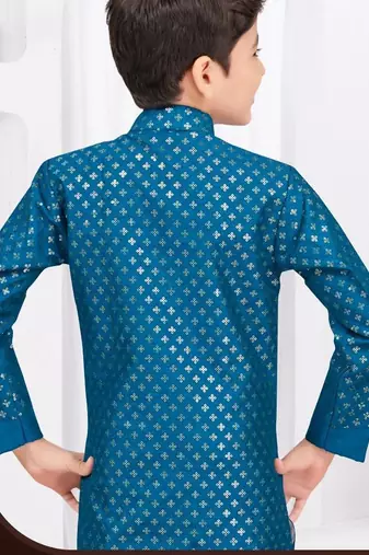 Blue banarasi silk sherwani with silk dupion pajama for kids