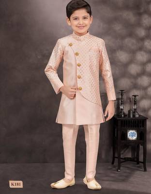 Pink banarasi silk sherwani with silk dupion pajama for kids 1