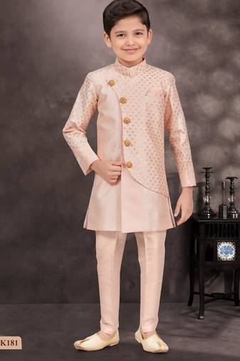Pink banarasi silk sherwani with silk dupion pajama for kids