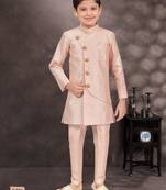 Pink banarasi silk sherwani with silk dupion pajama for kids