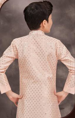 Pink banarasi silk sherwani with silk dupion pajama for kids 2