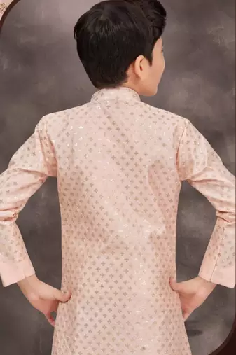 Pink banarasi silk sherwani with silk dupion pajama for kids