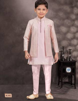 Pink banarasi silk indo western with silk dupion pajama for kids 1