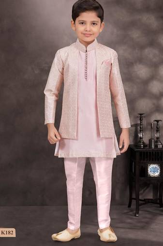 Pink banarasi silk indo western with silk dupion pajama for kids